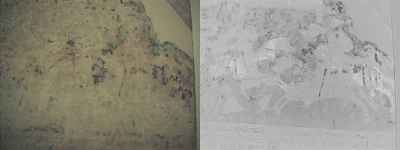 The upper cloister of Brandenburg Cathedral: Details of the wall frescos such as horses are now coming to light in spots where only traces of pigments had been discernible (left). A hyperspectral camera with specially engineered software has revealed the images (right). © Fraunhofer IFF